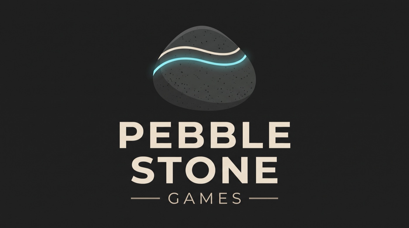 Pebble Stone Games logo: a smooth dark pebble with a glowing cyan vein