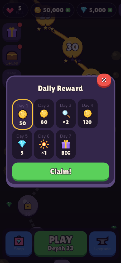 The daily reward calendar over the depth map